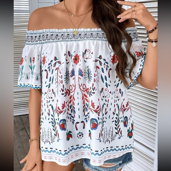 Boho Plus Floral Print Smocked Off Shoulder Top Blouse - Picture 6 of 7